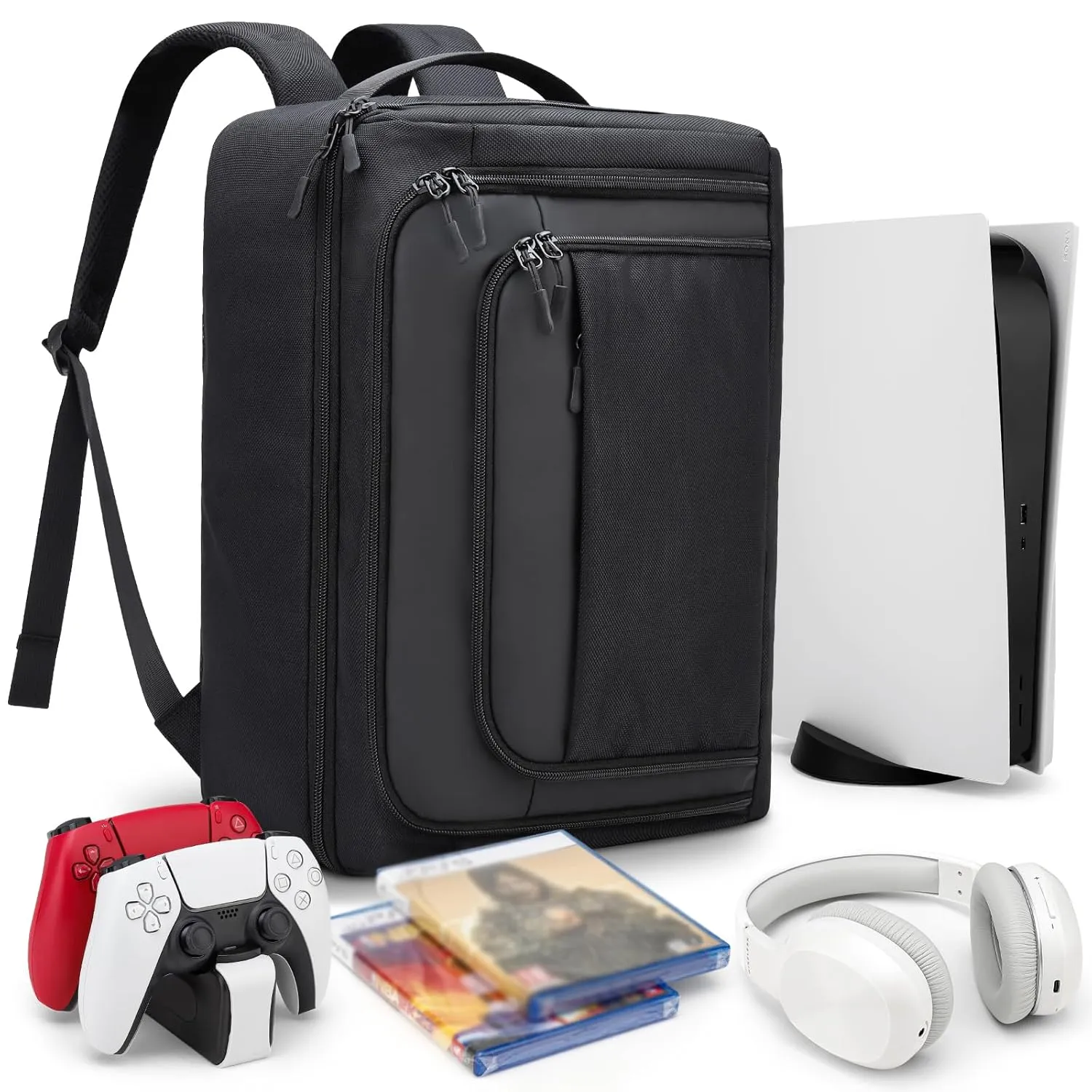 Game Console Backpack for PS5, Protective Carrying Case Compatible with Playstation5 Console, Base, 15.6”Laptop, Headset, PS5 Controller, More Game Discs, and Gaming Accessories