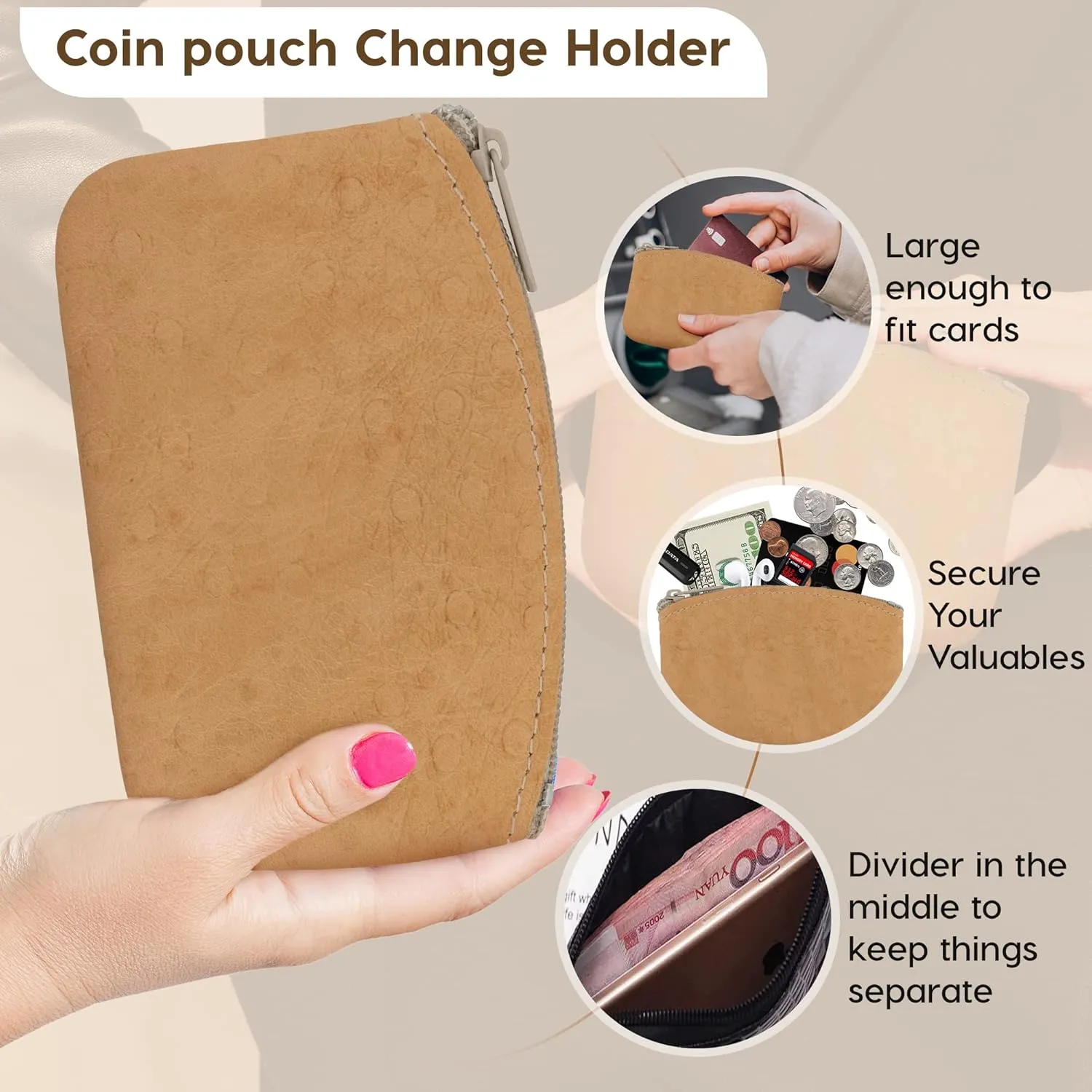 Genuine Leather Large Coin Purse for Women, Change Purse Zipper Wallet For Men Size 5x3 U.S.A. Made By Nabob Leather