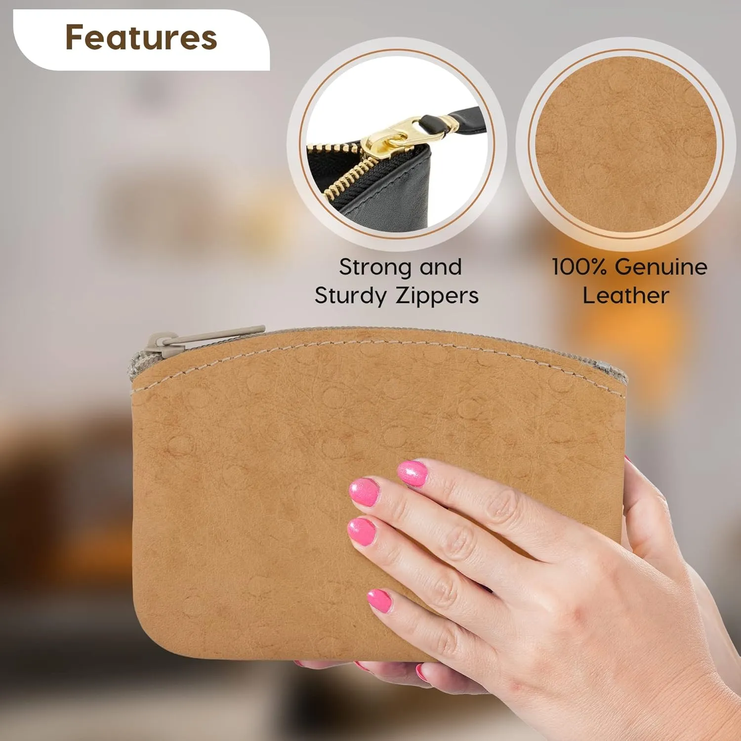 Genuine Leather Large Coin Purse for Women, Change Purse Zipper Wallet For Men Size 5x3 U.S.A. Made By Nabob Leather