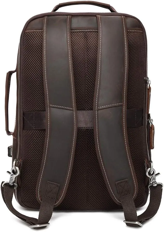 LANNSYNE Men's Full Grain Leather Expandable 15.6 Laptop Backpack Tote Shoulder Travel Bag Rucksack