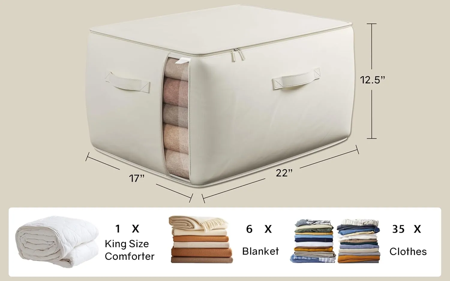 Large Canvas Clothes Storage Bags with Thick Handles and Clear Window, Foldable Cotton Linen Closet Organizer for Clothing, Blankets and Bedding, 70L, 6 Pack, Beige