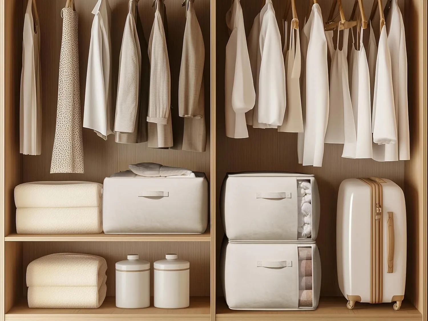 Large Canvas Clothes Storage Bags with Thick Handles and Clear Window, Foldable Cotton Linen Closet Organizer for Clothing, Blankets and Bedding, 70L, 6 Pack, Beige