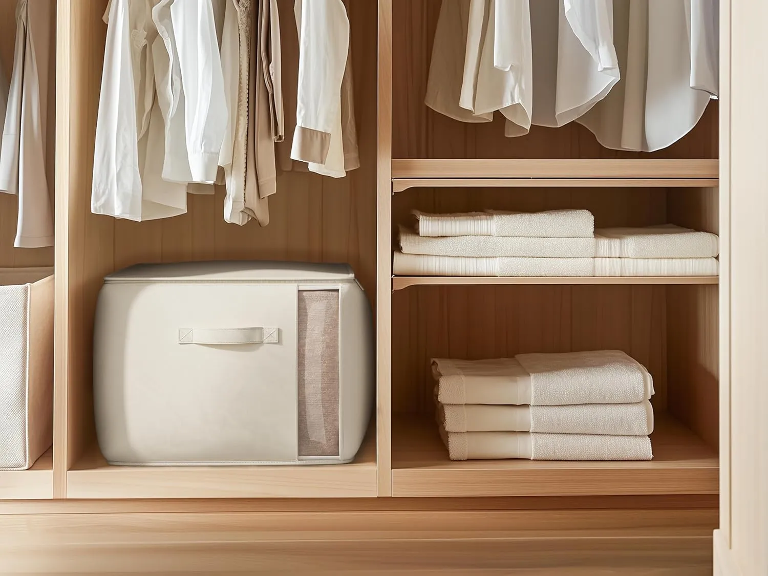 Large Canvas Clothes Storage Bags with Thick Handles and Clear Window, Foldable Cotton Linen Closet Organizer for Clothing, Blankets and Bedding, 70L, 6 Pack, Beige