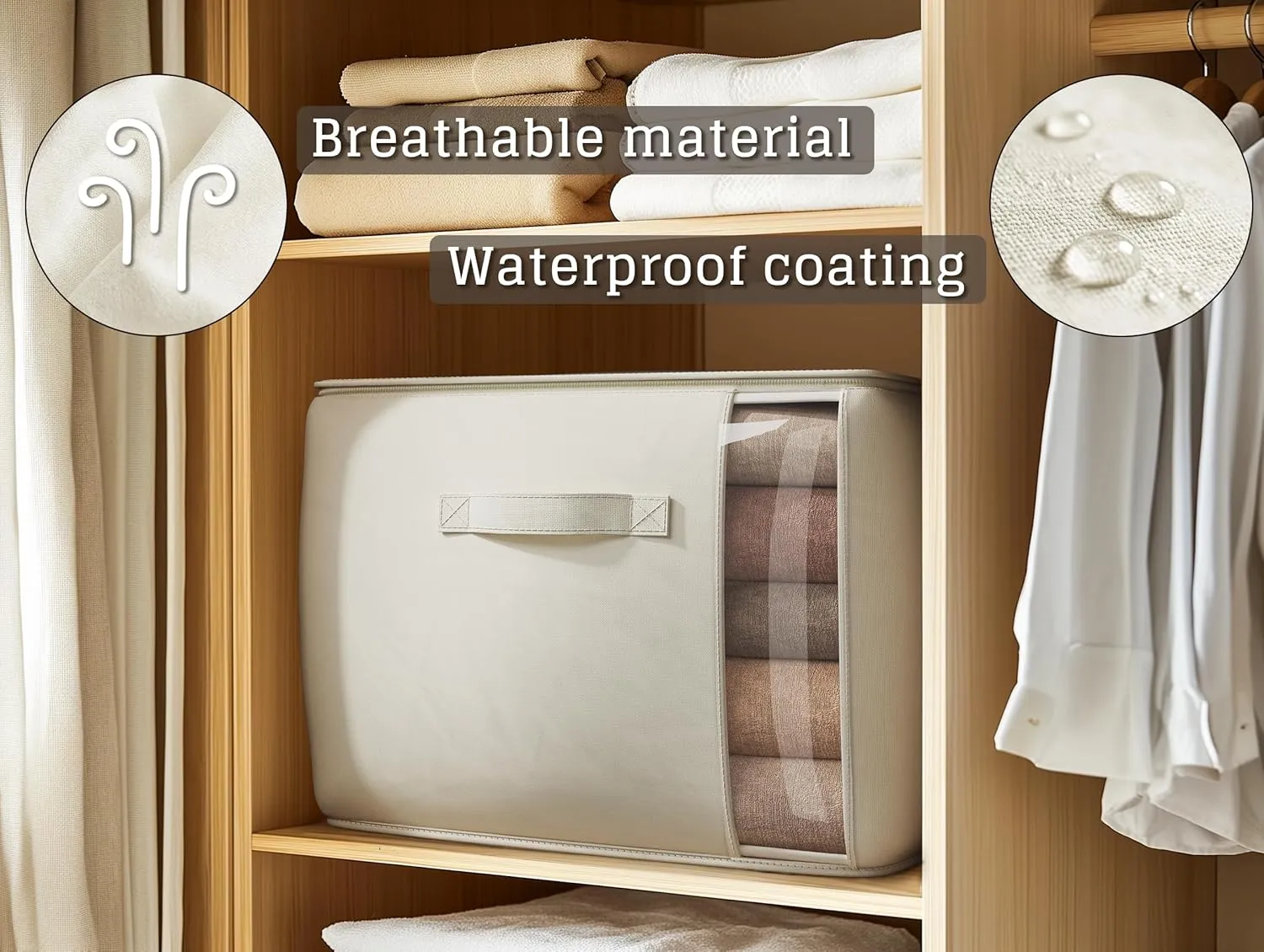Large Canvas Clothes Storage Bags with Thick Handles and Clear Window, Foldable Cotton Linen Closet Organizer for Clothing, Blankets and Bedding, 70L, 6 Pack, Beige