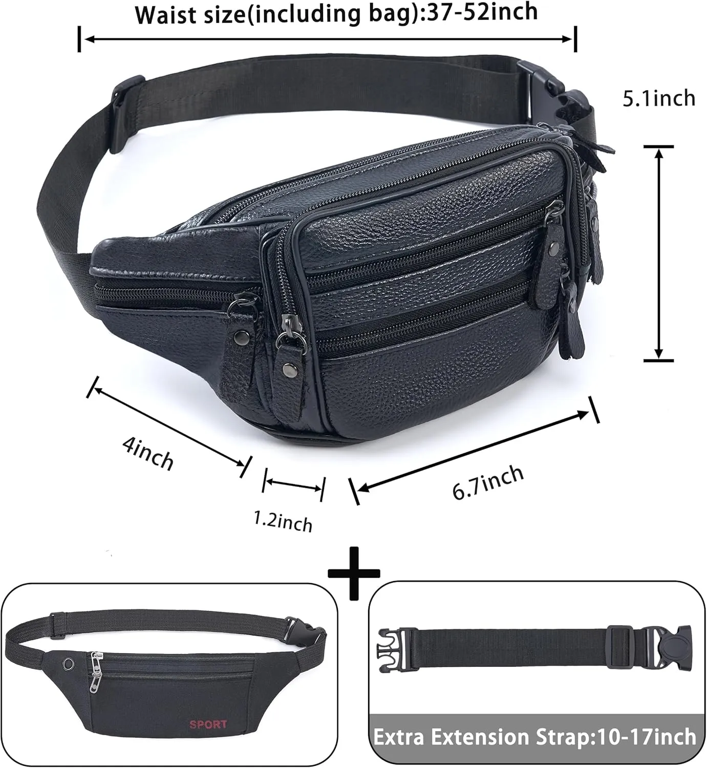 Leather Fanny Pack for Women and Men, Water-Resistant Waist Bag with Genuine Cowhide, Adjustable Leather Belt Bag with Easy Zipper, Multiple Compartments, Large Capacity