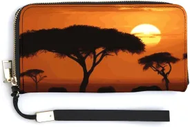 Leather Wallets Waterproof Zip Around Clutch Bag Sunset African Savanna Credit Card Holder Clutch Purse for Women Ladies