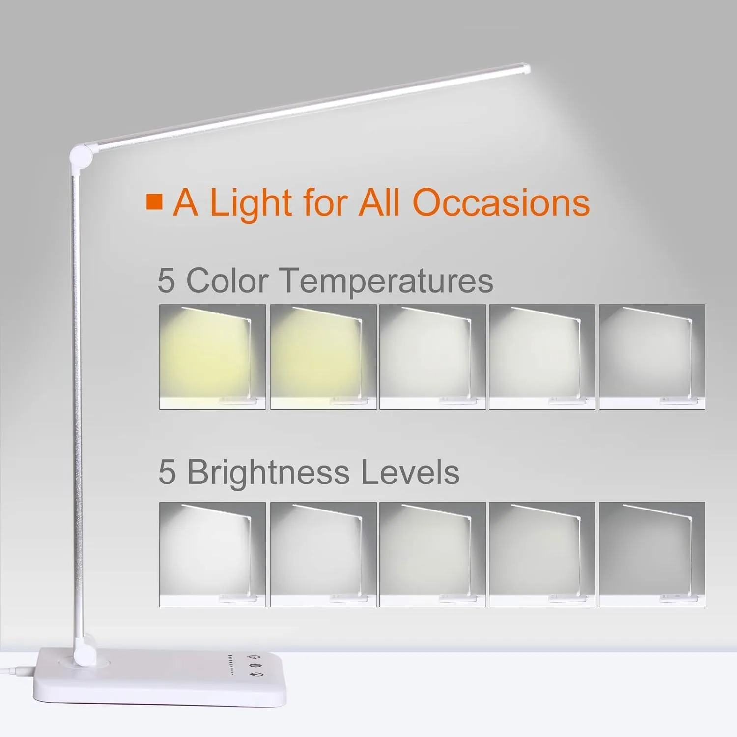 LED Desk Lamp,Eye-Caring Table Lamps,Stepless Dimmable Office Lamp with USB Charging Port,Touch/Memory/Timer Function,25 Brightness Lighting,Foldable Lamp for Reading,Studying,Working