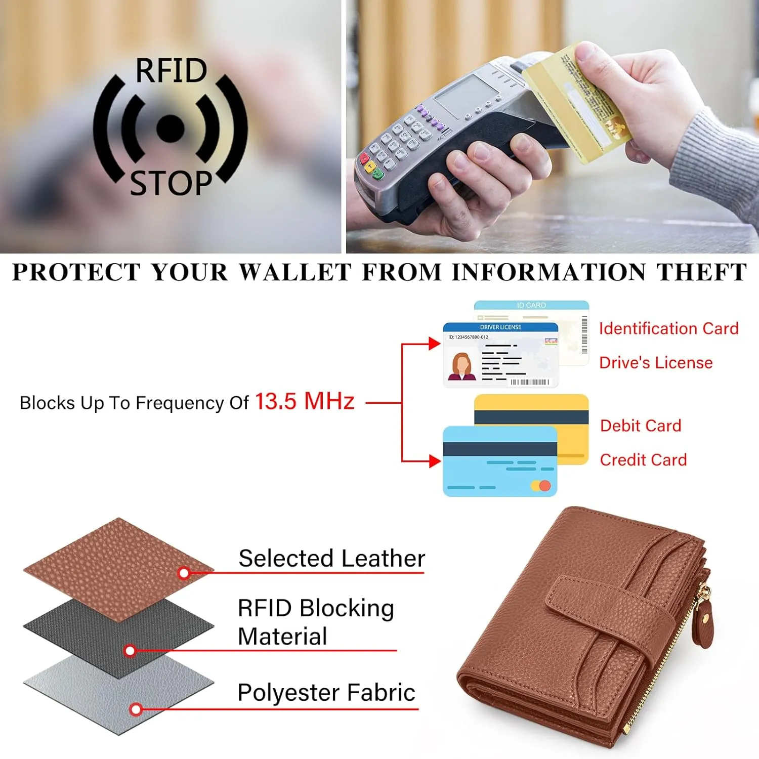oscaurt Small Wallet Women RFID Blocking Bifold Compact Credit Card Holder Leather Wallets for Women with Zipper Coin Pocket and 2 ID Window (Brown)
