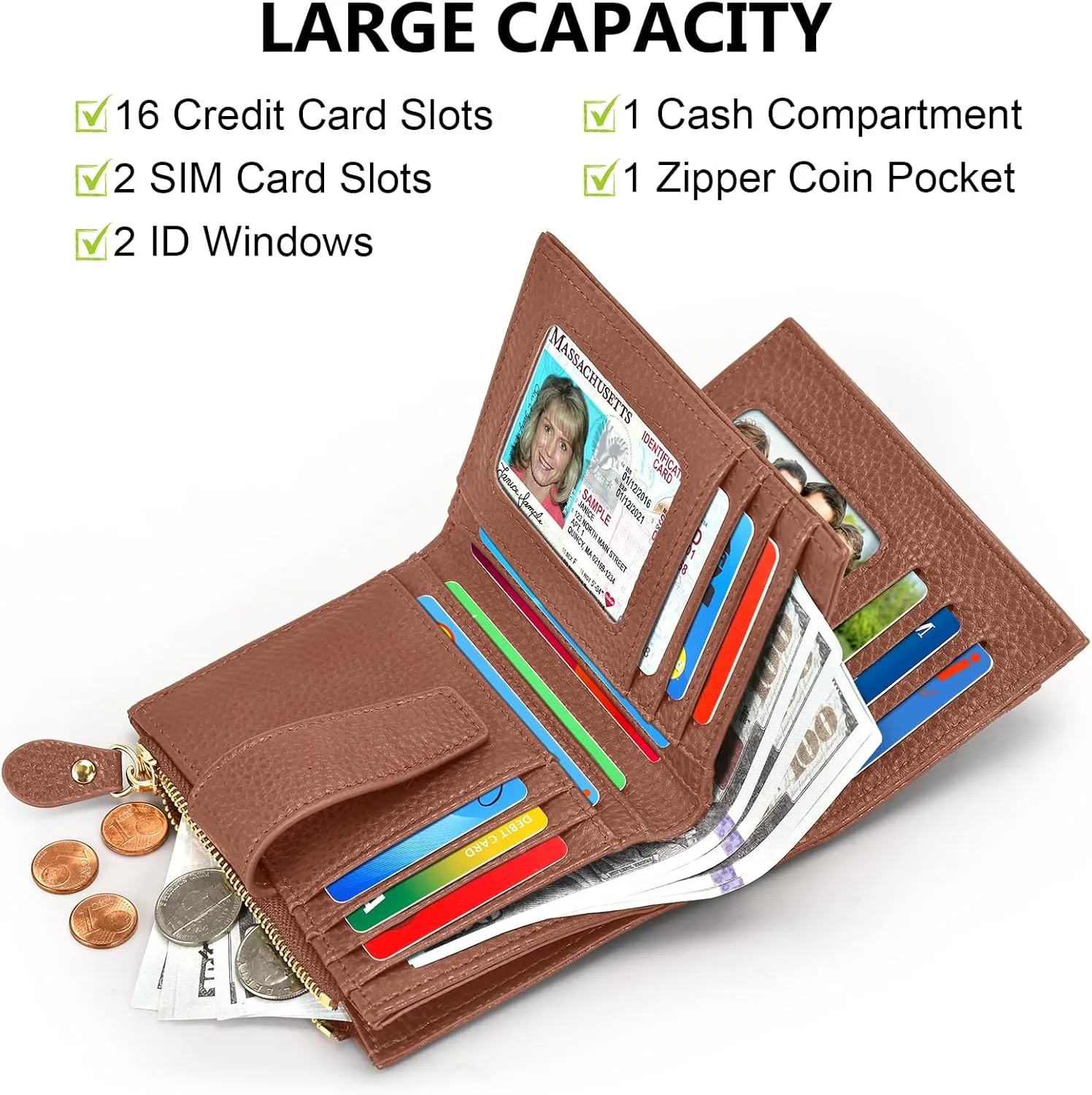 oscaurt Small Wallet Women RFID Blocking Bifold Compact Credit Card Holder Leather Wallets for Women with Zipper Coin Pocket and 2 ID Window (Brown)