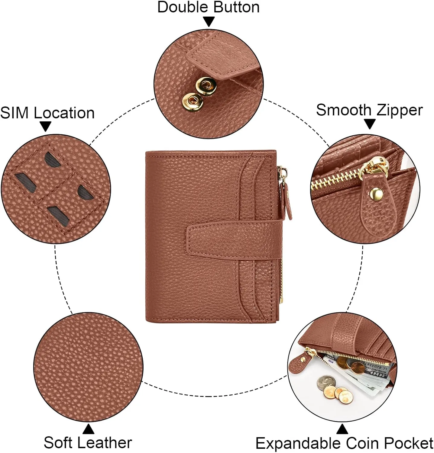 oscaurt Small Wallet Women RFID Blocking Bifold Compact Credit Card Holder Leather Wallets for Women with Zipper Coin Pocket and 2 ID Window (Brown)