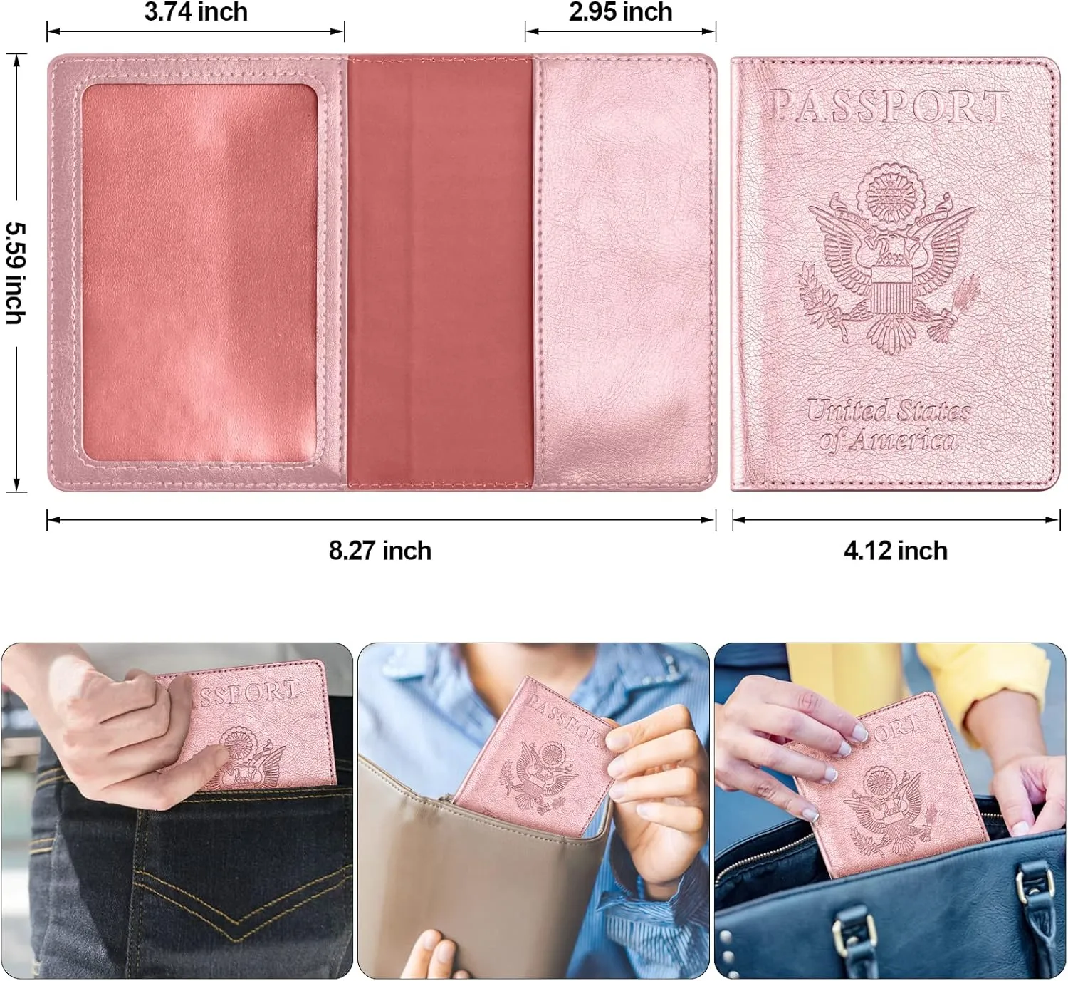 Passport and Vaccine Card Holder Combo, Passport Cover with Vaccine Card Slot, Wallet, Passport Case Holder for Women and MenAE-Rose gold