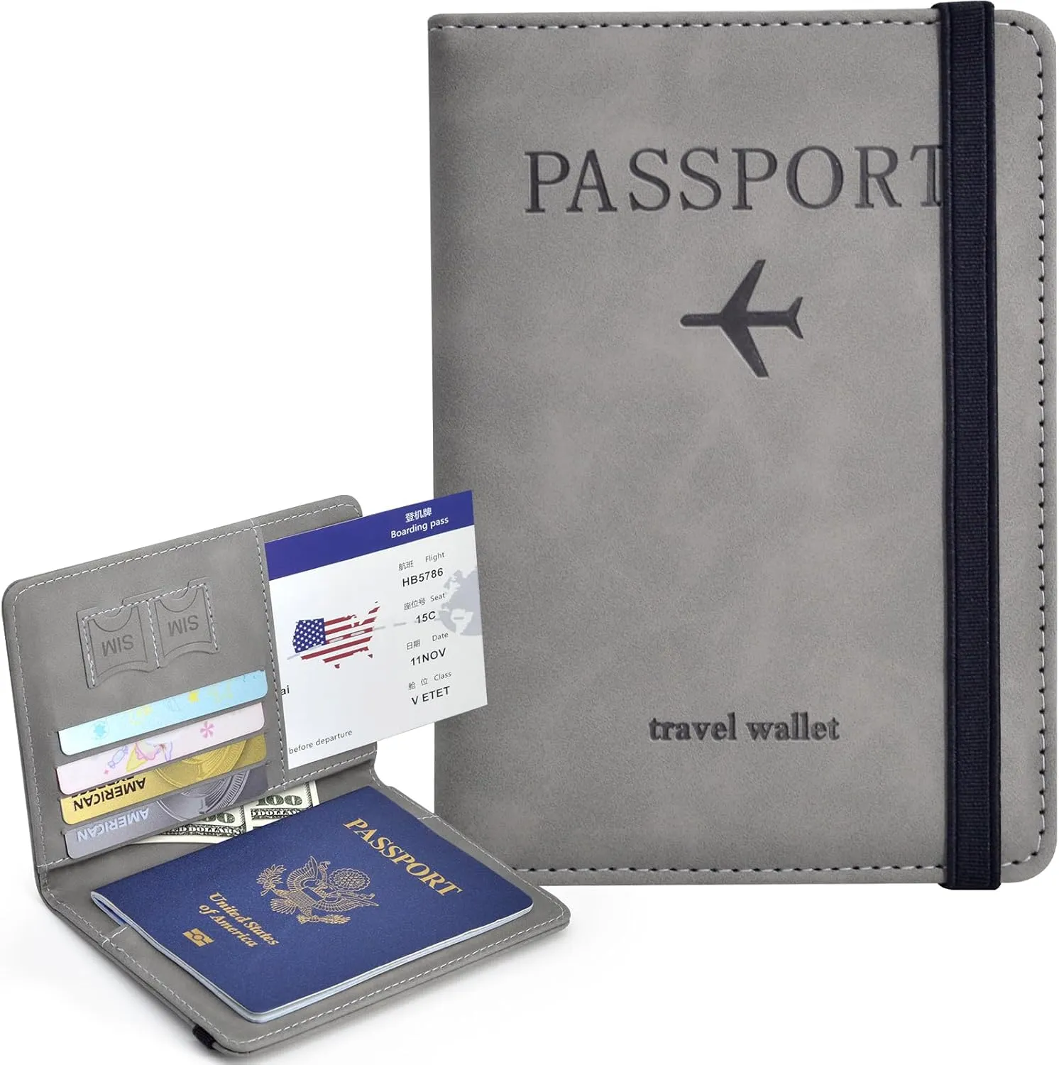 Passport Holder, Passport Cover with Credit Card Slot and Boarding Pass Slot Combo, Passport Wallet Case Book Travel Must Have, RFID Blocking Leather Travel Accessories, Grey
