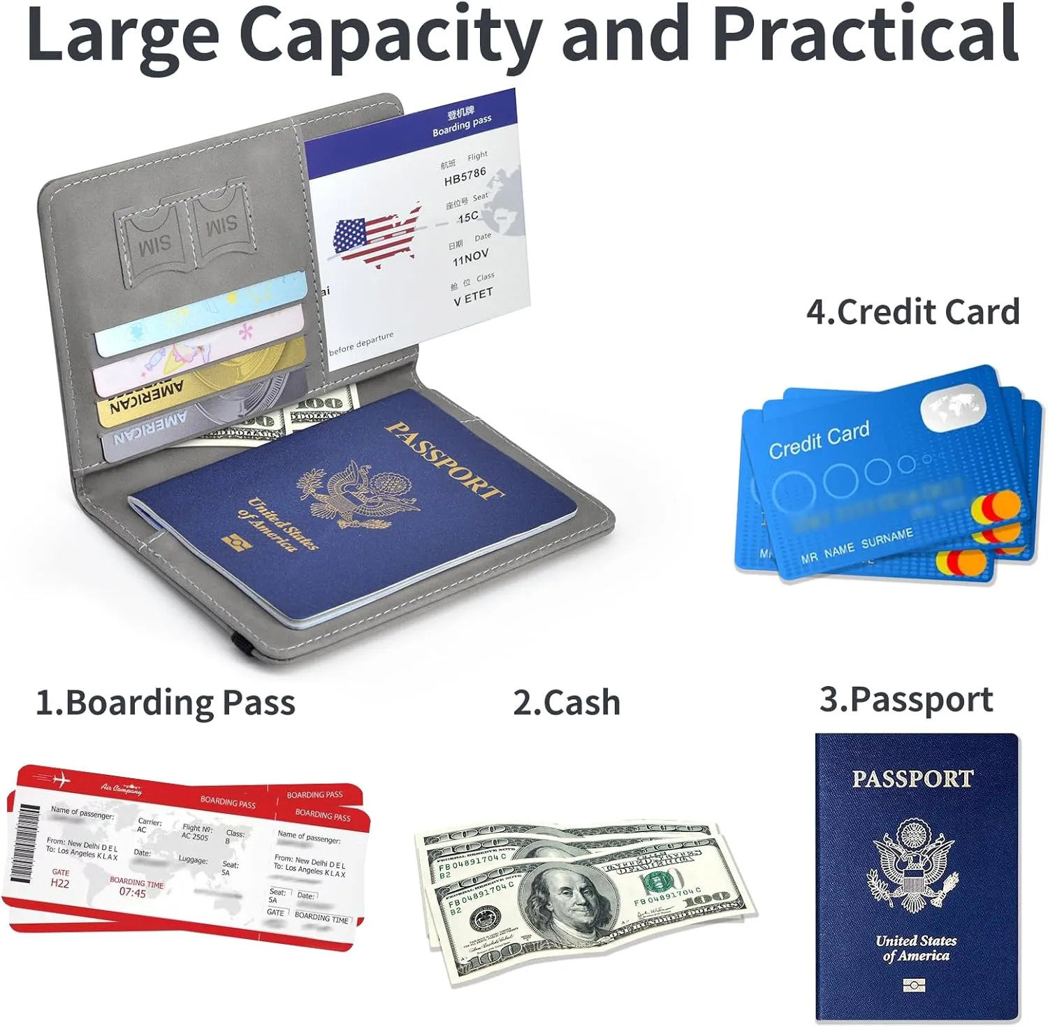 Passport Holder, Passport Cover with Credit Card Slot and Boarding Pass Slot Combo, Passport Wallet Case Book Travel Must Have, RFID Blocking Leather Travel Accessories, Grey