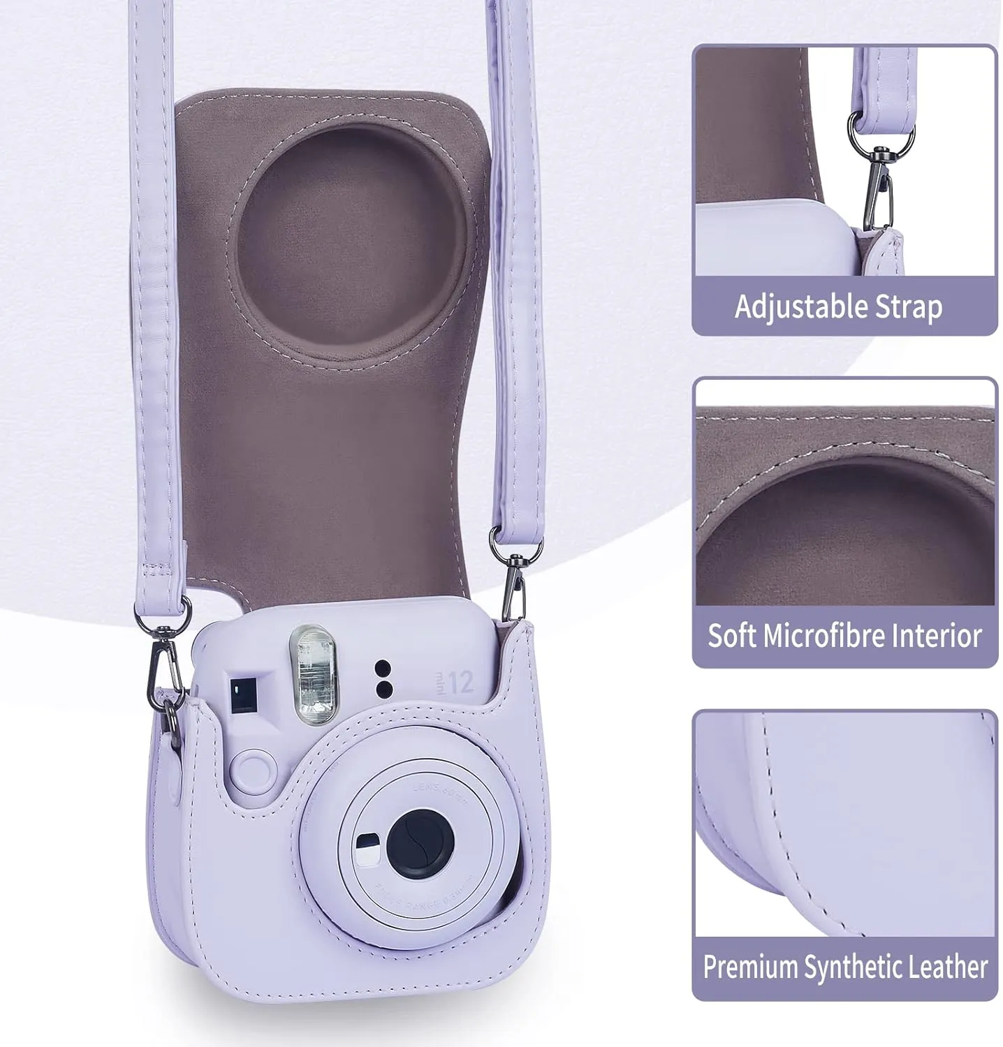 Phetium Instant mini 12 Camera Protective Case Compatible with Instax Mini 12 11,PU Leather Bag with Pocket and Adjustable Shoulder Strap (Lilac Purple)