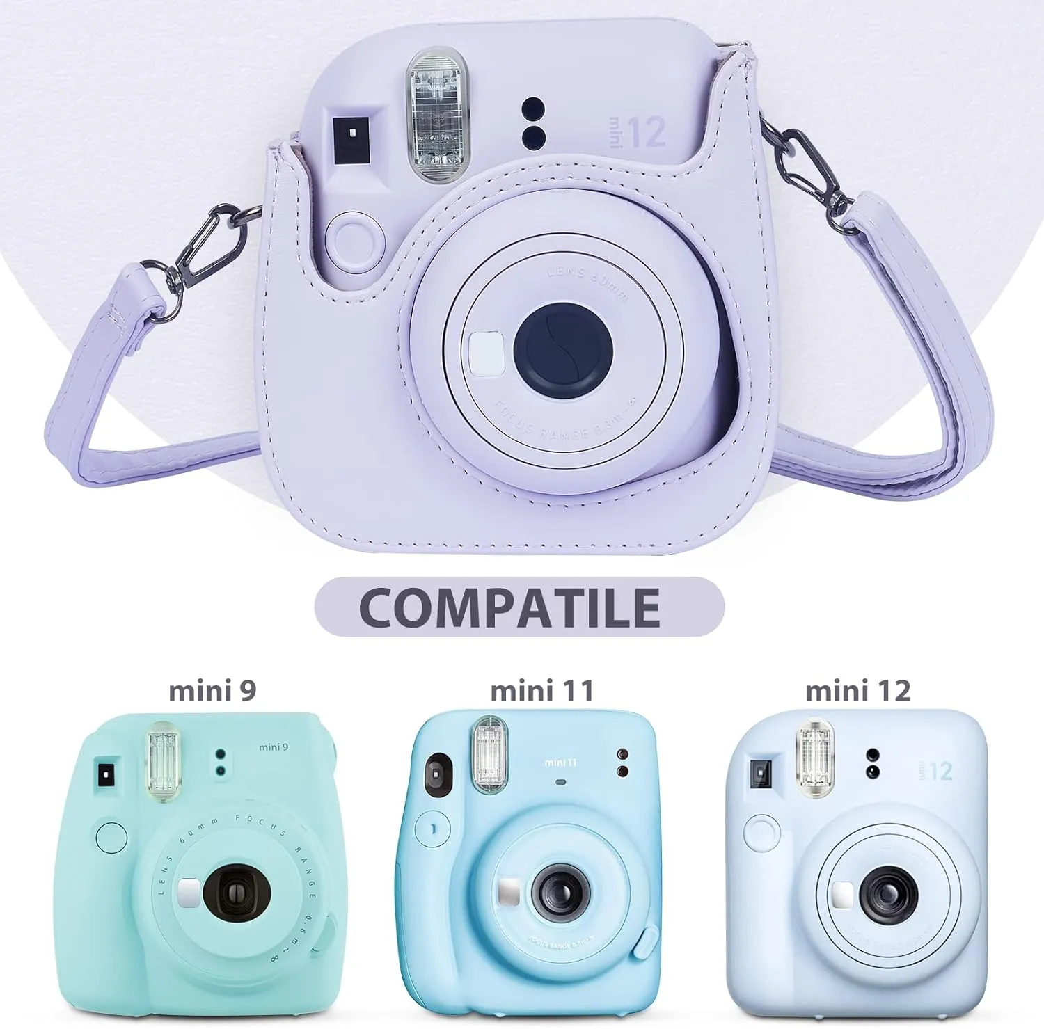 Phetium Instant mini 12 Camera Protective Case Compatible with Instax Mini 12 11,PU Leather Bag with Pocket and Adjustable Shoulder Strap (Lilac Purple)