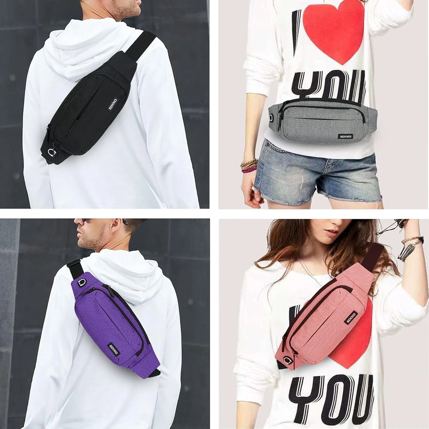 SINNO Large Crossbody Fanny Pack for Women Men Belt Bag With 4-Zipper Pockets for Travel Running Hiking Workout Dog Walking Outdoors Sport Fishing Waist Pack Bag Carrying All Phones