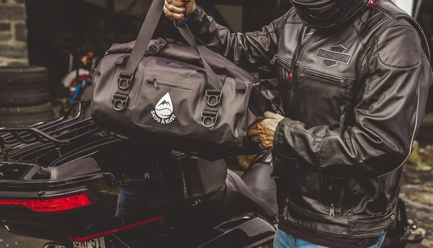 Skog  Kust Duffelsak Heavy Duty Waterproof Duffel - Gear Bag for Sports, Travel, & More - 40L, Black Moto Edition