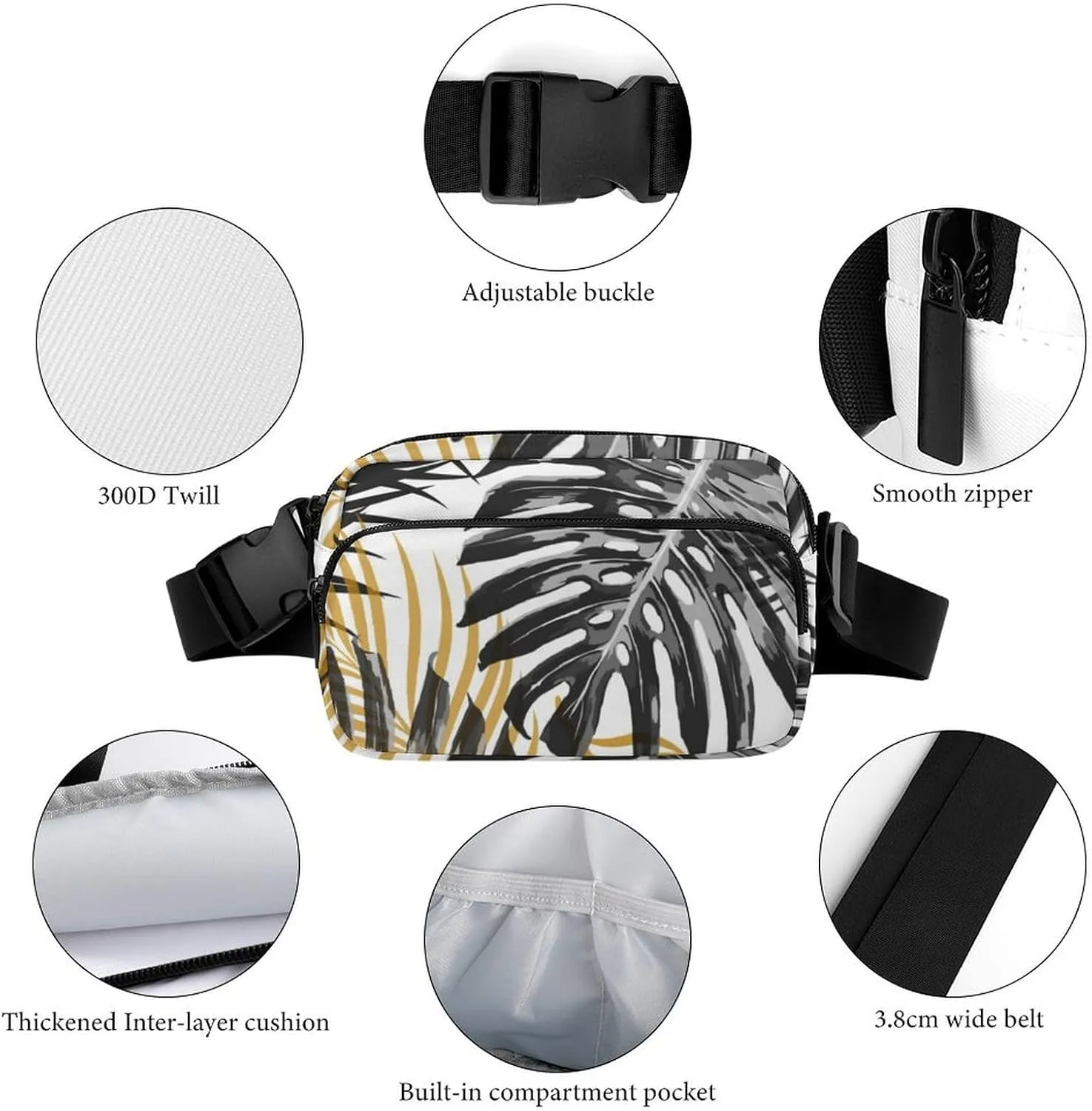 Tropical Palm Leaves Belt Bag Fanny Pack Crossbody Black And Golden Fashion Waist Packs With Adjustable Strap For Men Women Travel Hiking Cycling Running