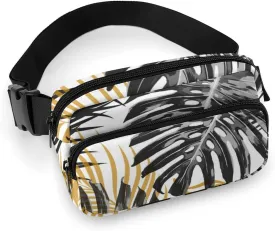 Tropical Palm Leaves Belt Bag Fanny Pack Crossbody Black And Golden Fashion Waist Packs With Adjustable Strap For Men Women Travel Hiking Cycling Running