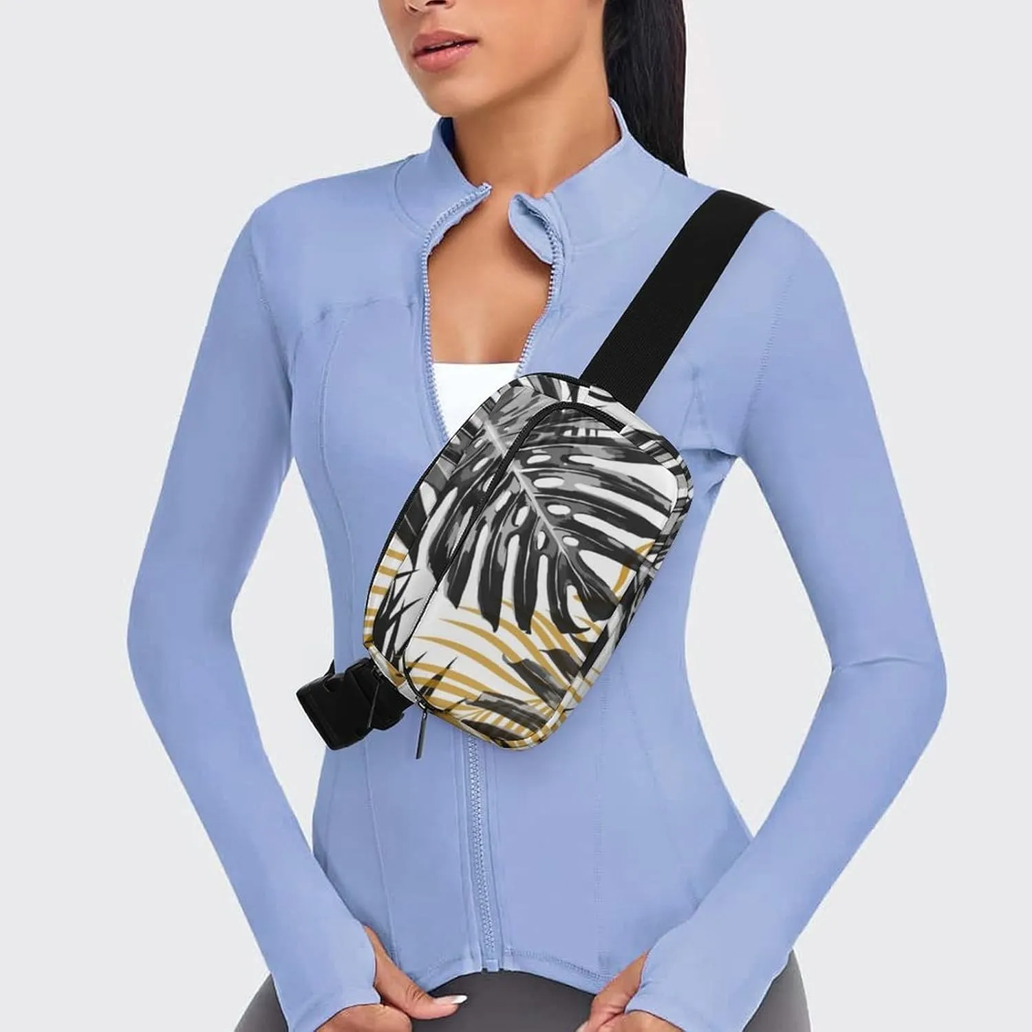 Tropical Palm Leaves Belt Bag Fanny Pack Crossbody Black And Golden Fashion Waist Packs With Adjustable Strap For Men Women Travel Hiking Cycling Running