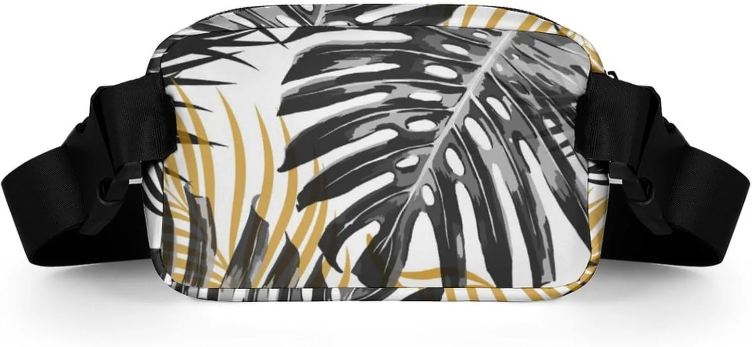 Tropical Palm Leaves Belt Bag Fanny Pack Crossbody Black And Golden Fashion Waist Packs With Adjustable Strap For Men Women Travel Hiking Cycling Running