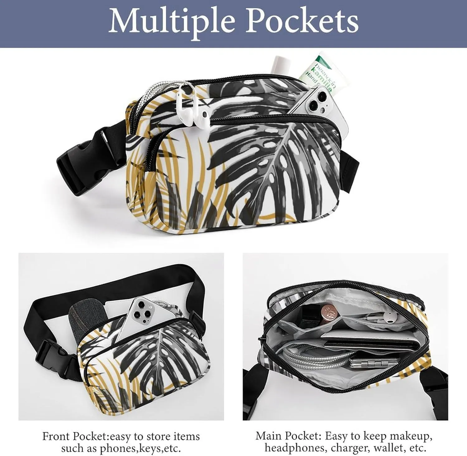 Tropical Palm Leaves Belt Bag Fanny Pack Crossbody Black And Golden Fashion Waist Packs With Adjustable Strap For Men Women Travel Hiking Cycling Running