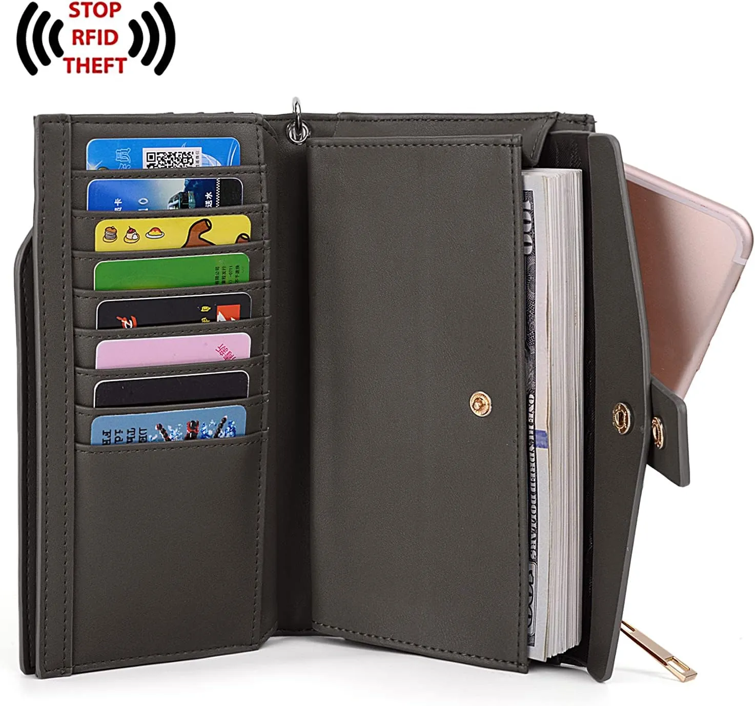 UTO Wallet Women Vegan Leather Wristlet Snap Long Purse Credit Card Holder Elegant Clutch