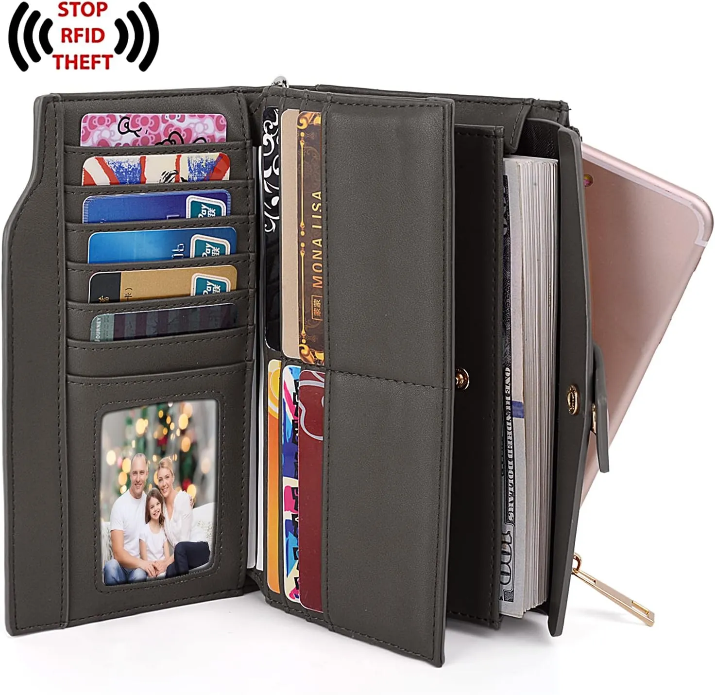 UTO Wallet Women Vegan Leather Wristlet Snap Long Purse Credit Card Holder Elegant Clutch