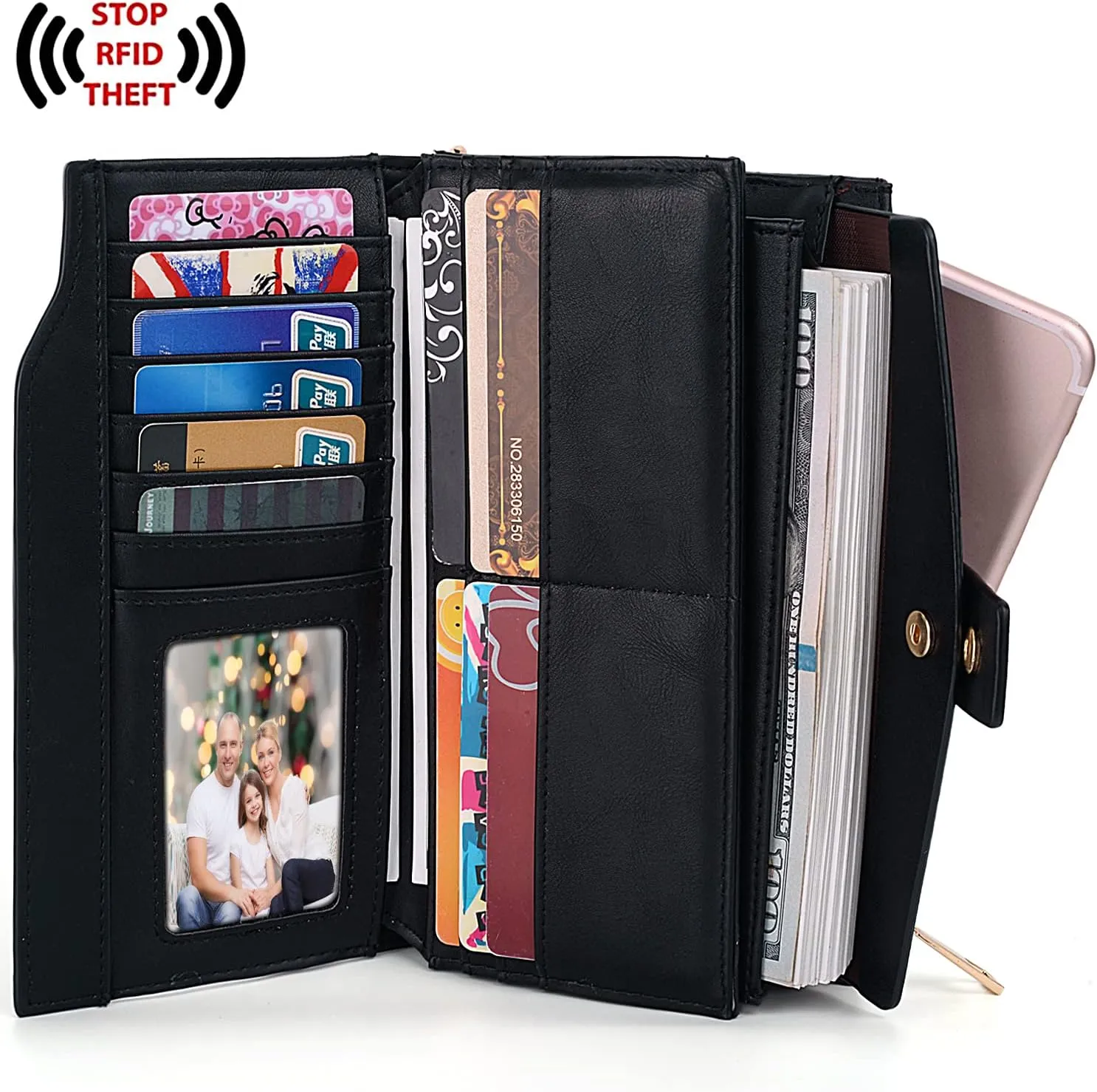 UTO Wallet Women Vegan Leather Wristlet Snap Long Purse Credit Card Holder Elegant Clutch