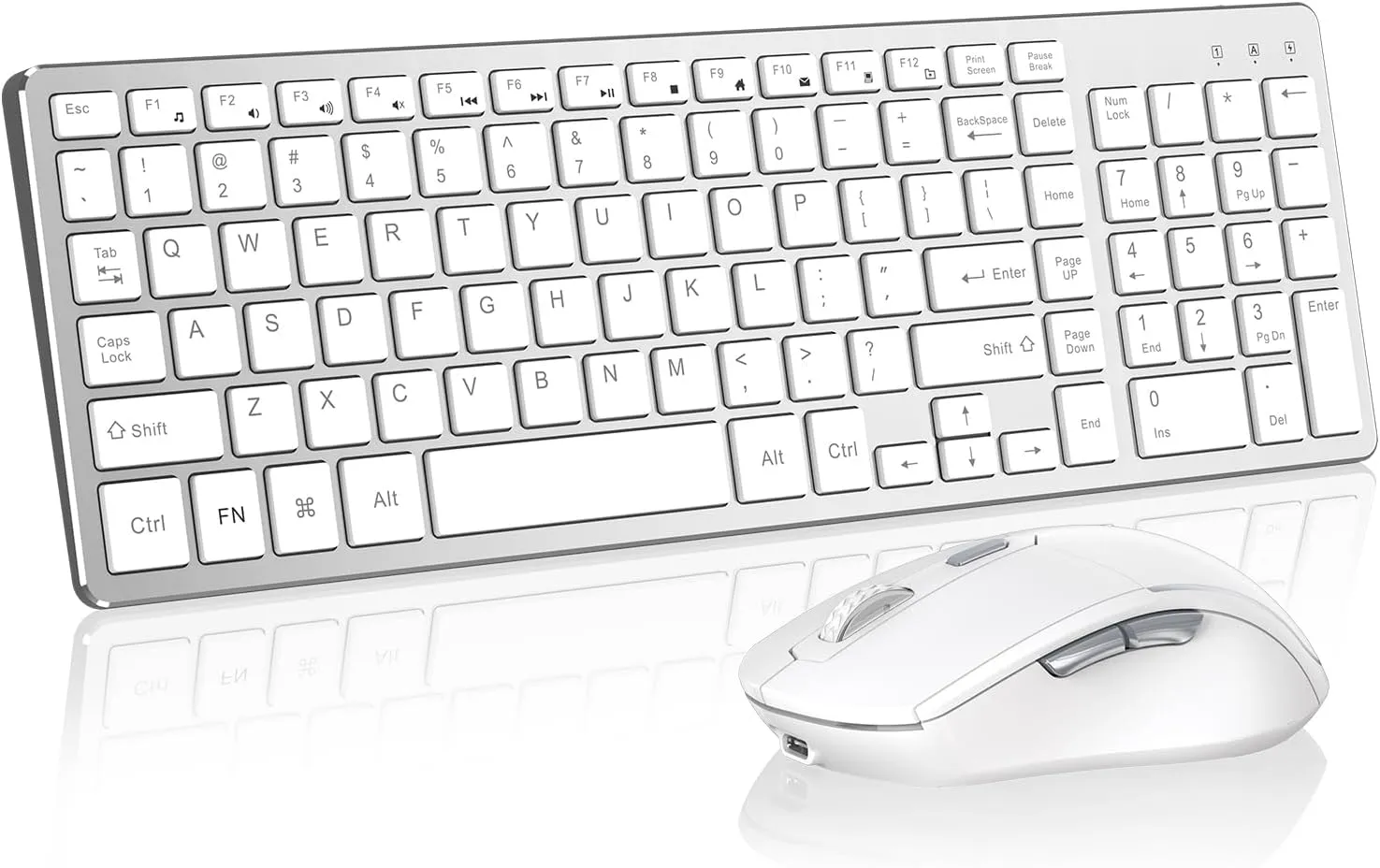 Wireless Keyboard Mouse Combo - Rechargeable, Quiet, Compact Design with Number Pad, 2.4 GHz USB Receiver, Slim Keyboard and Ergonomic Mouse Set for Windows Computer Desktop PC Laptop -Silver White
