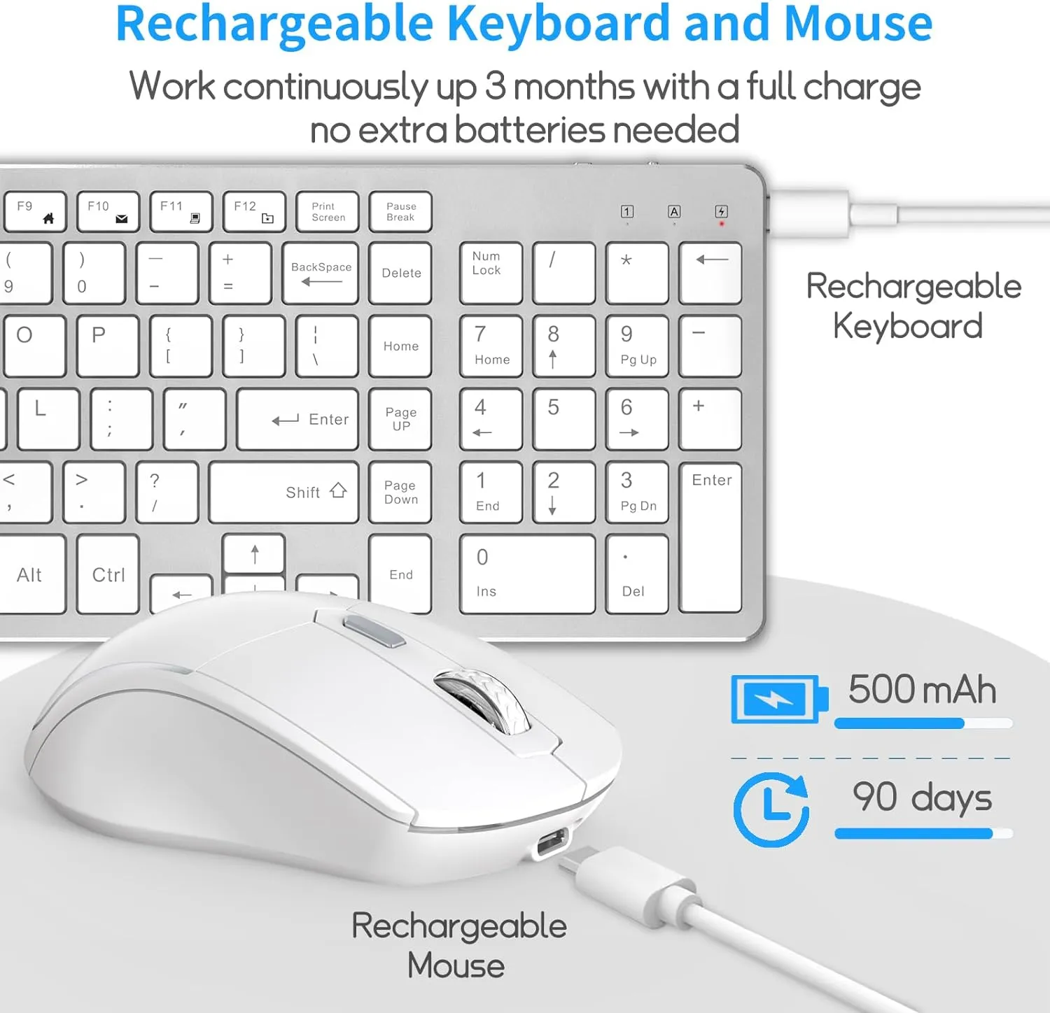 Wireless Keyboard Mouse Combo - Rechargeable, Quiet, Compact Design with Number Pad, 2.4 GHz USB Receiver, Slim Keyboard and Ergonomic Mouse Set for Windows Computer Desktop PC Laptop -Silver White