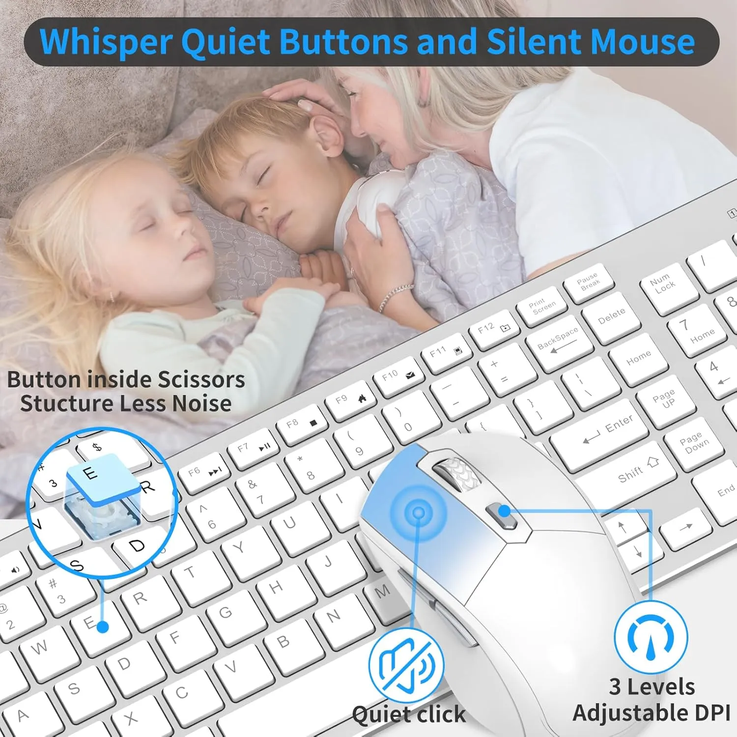 Wireless Keyboard Mouse Combo - Rechargeable, Quiet, Compact Design with Number Pad, 2.4 GHz USB Receiver, Slim Keyboard and Ergonomic Mouse Set for Windows Computer Desktop PC Laptop -Silver White