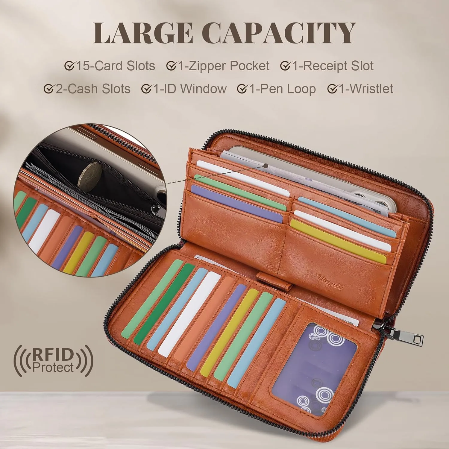 Womens Wallet Rfid Embossed Vegan Leather Multi Card Slots Wallets Large Capacity Wristlet Travel Purse for Women