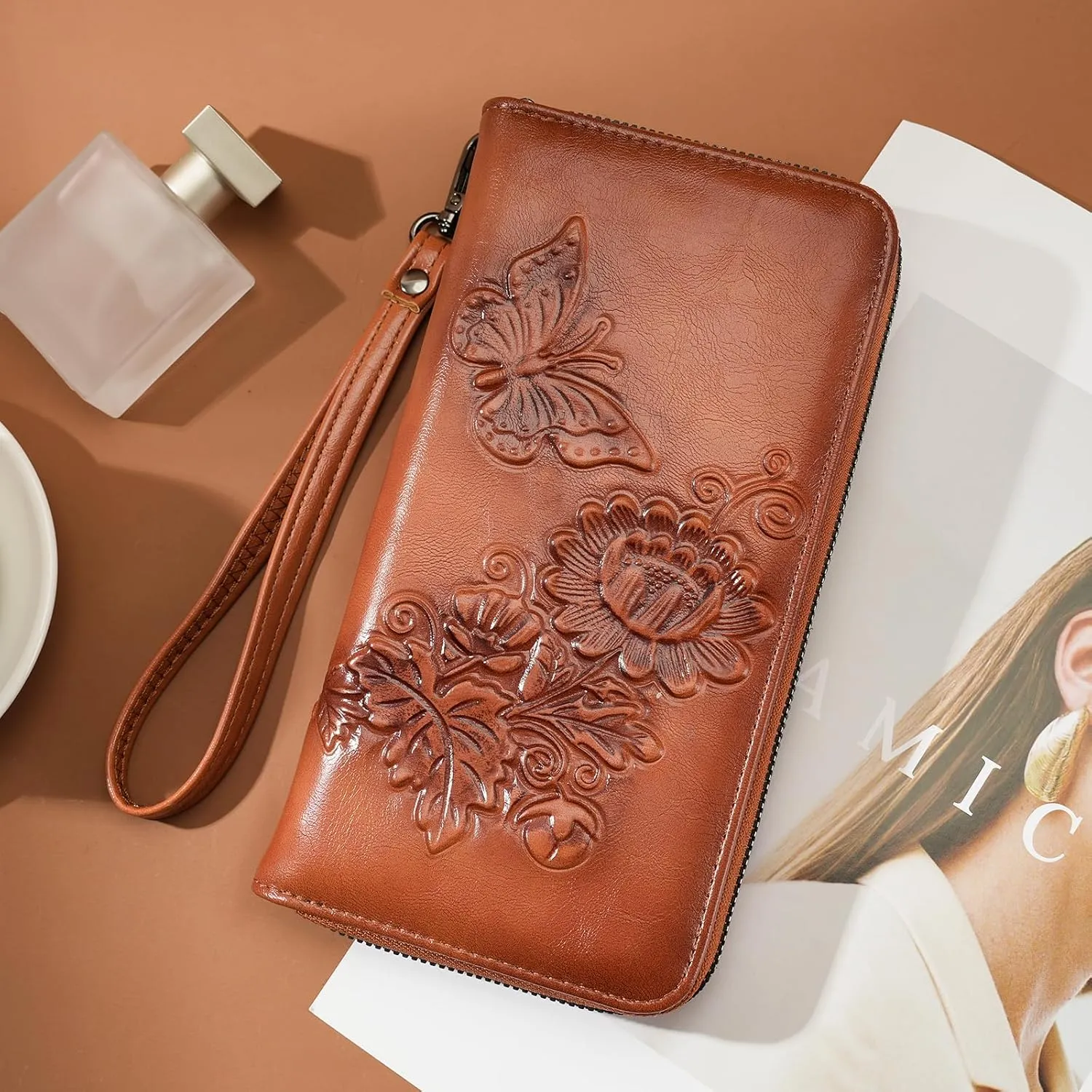 Womens Wallet Rfid Embossed Vegan Leather Multi Card Slots Wallets Large Capacity Wristlet Travel Purse for Women