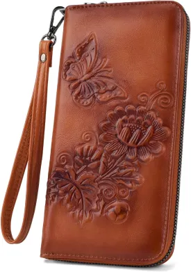 Womens Wallet Rfid Embossed Vegan Leather Multi Card Slots Wallets Large Capacity Wristlet Travel Purse for Women